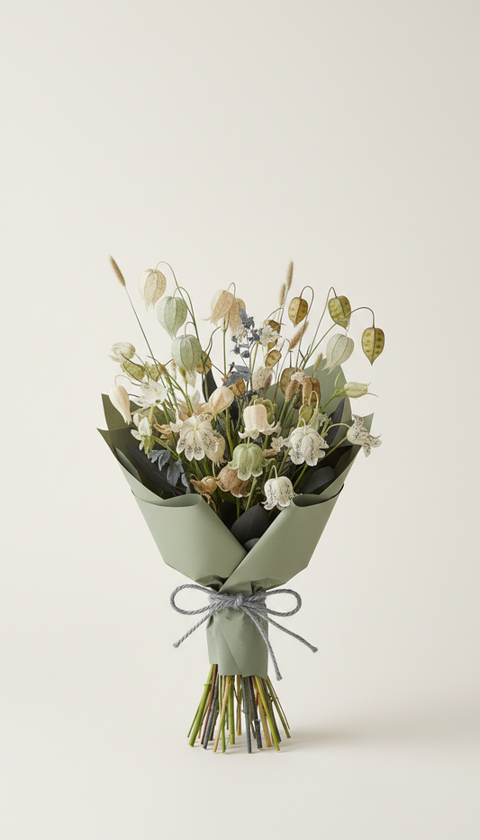 Rare bloom bouquet in eucalyptus wrapping