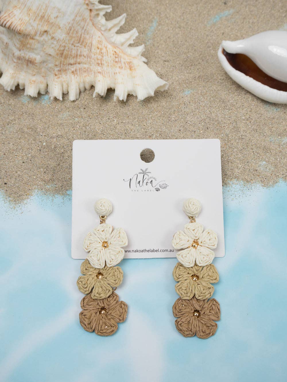 Flower Trio Raffia Earrings - Beige