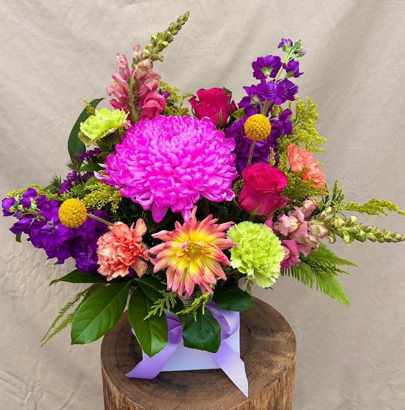 bright flowers arranged in a box