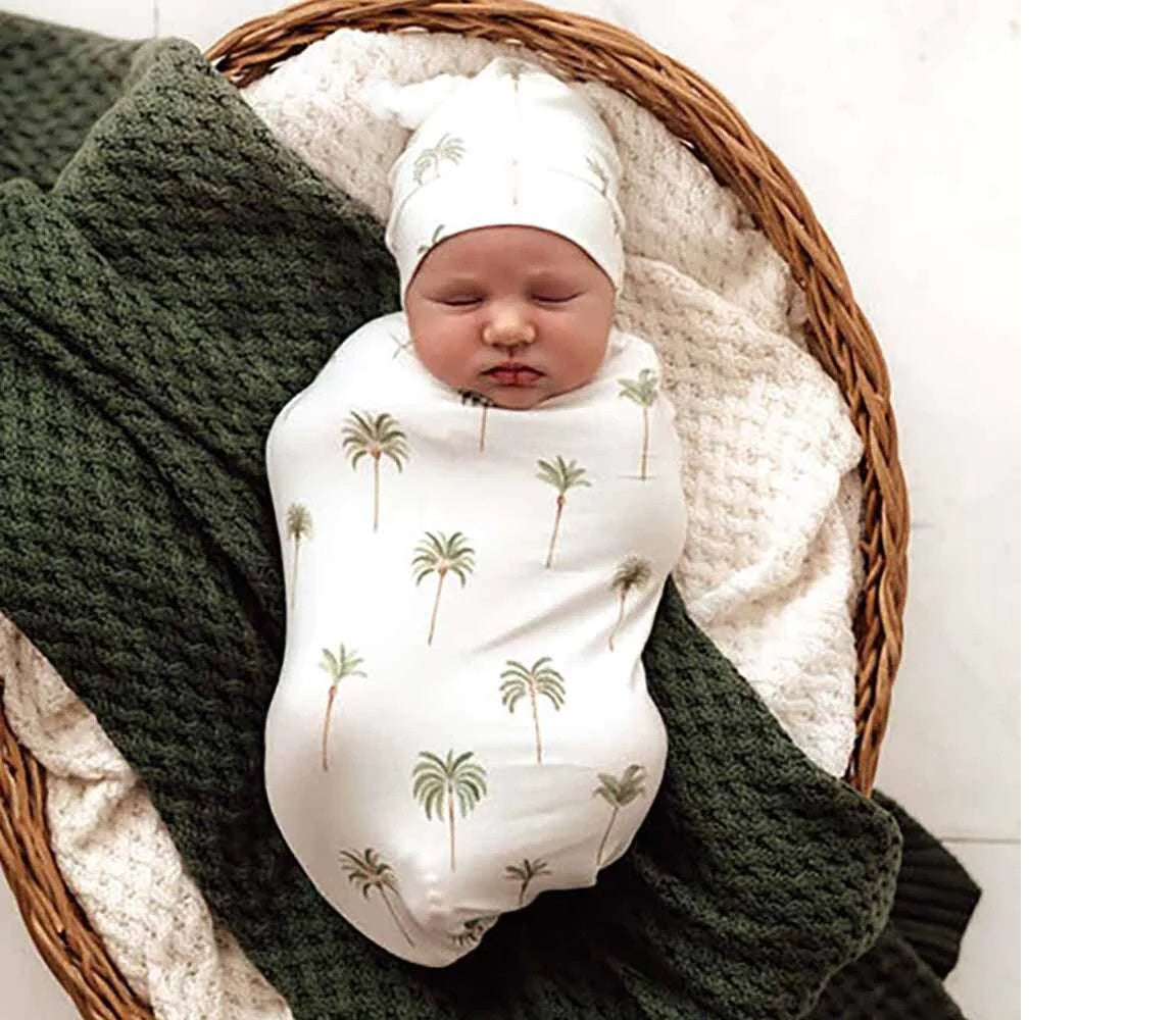 Baby Gift - Organic Snuggle Swaddle Wrap and Topknot or Beanie Set