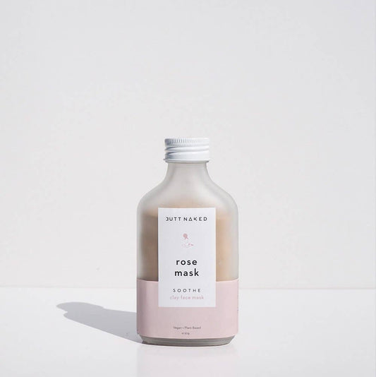 Bottle of 'Butt Naked' rose mask on a white background