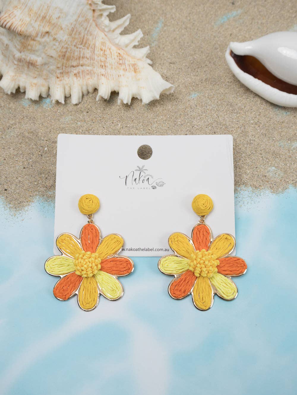 Daisy Delight Raffia Earrings - Yellow + Orange