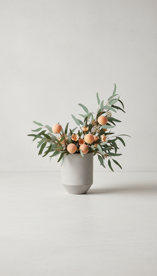 Eucalyptus and apricot stone vessel arrangement