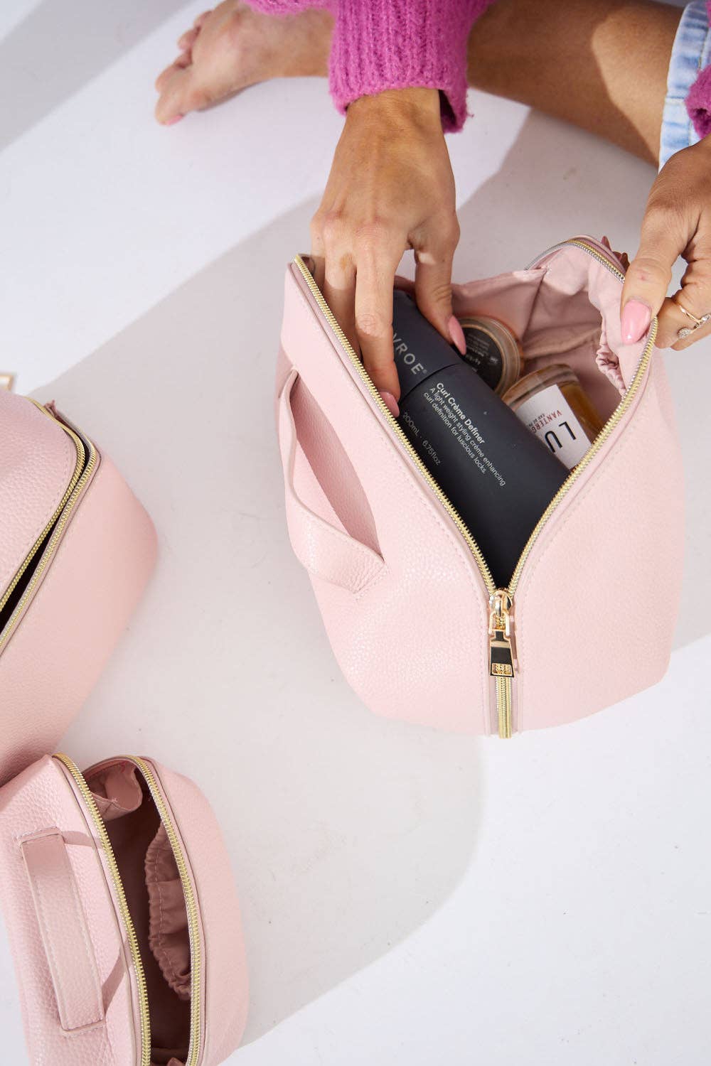 Vegan PU Leather Cosmetic Beauty Bag - Set Of 3 - Light Pink