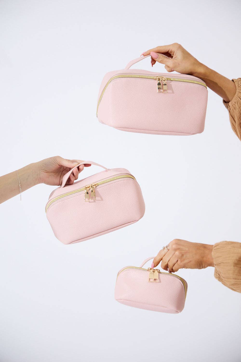 Vegan PU Leather Cosmetic Beauty Bag - Set Of 3 - Light Pink