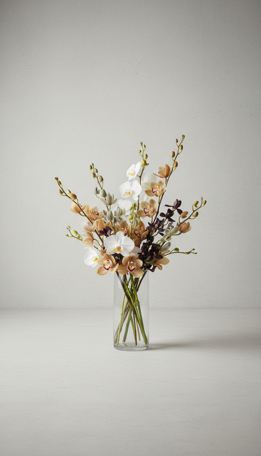 Rare orchid bouquet in glass vase