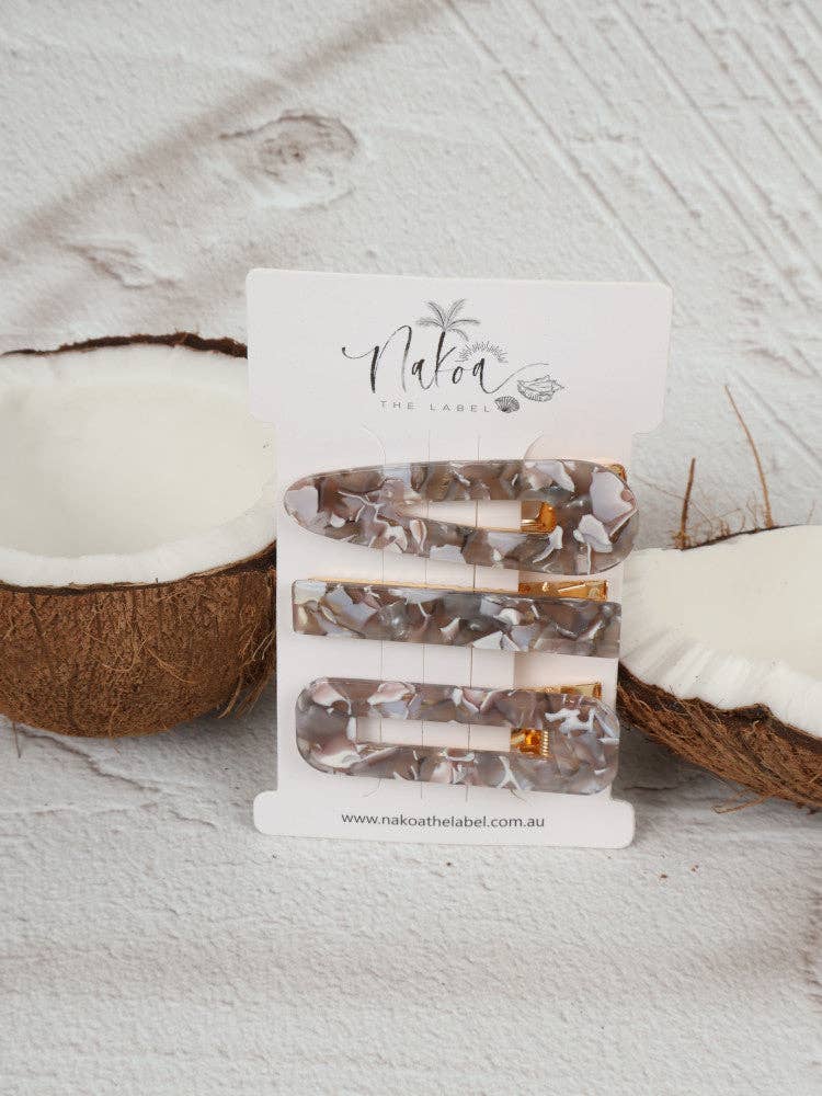 Hair Clip - Set of 3 - Acetate - Grey