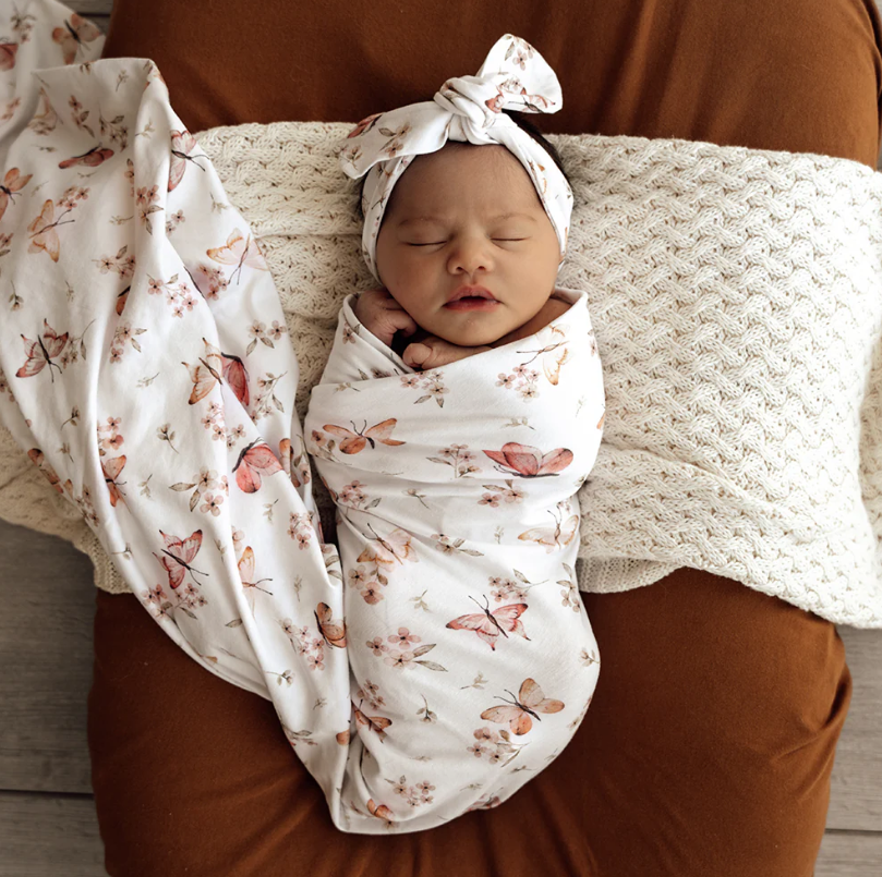 Baby Gift - Organic Snuggle Swaddle Wrap and Topknot or Beanie Set