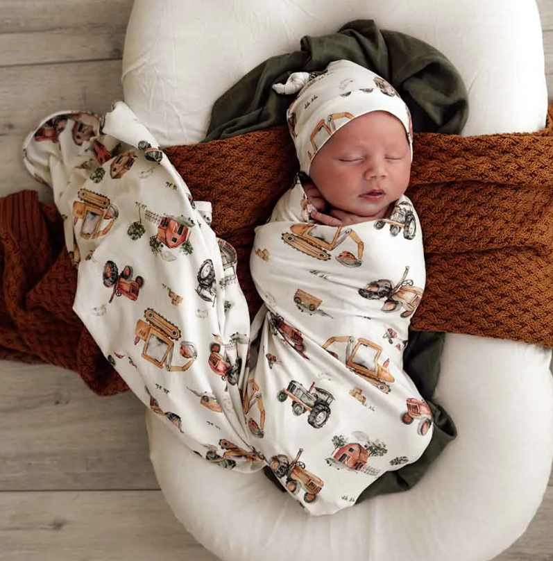 Baby Gift - Organic Snuggle Swaddle Wrap and Topknot or Beanie Set