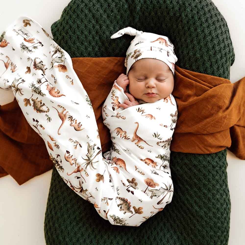 Baby swaddle wrap and beanie dinosaur print