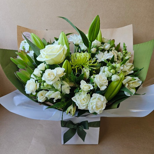 White and Green Neutral Boxed Flower Arrangement