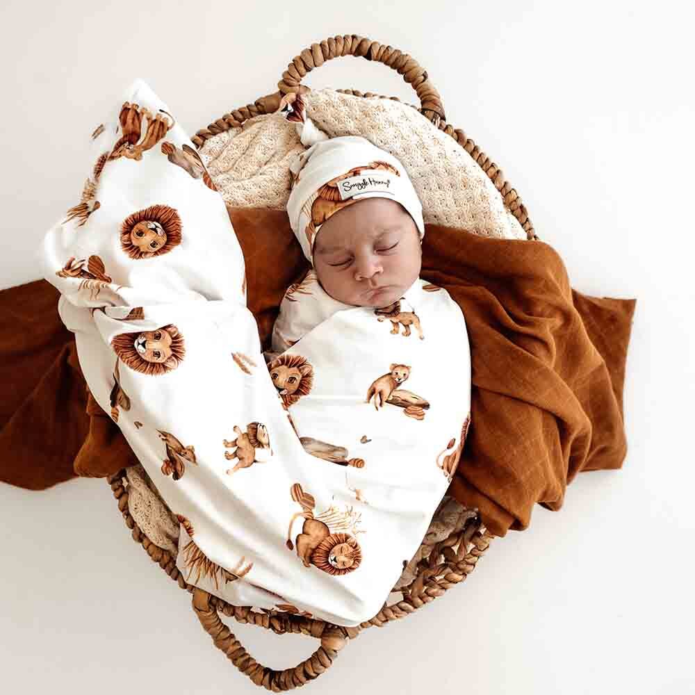 baby swaddle wrap and beanie set lion print