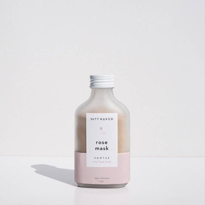 Bottle of 'Butt Naked' rose mask on a white background