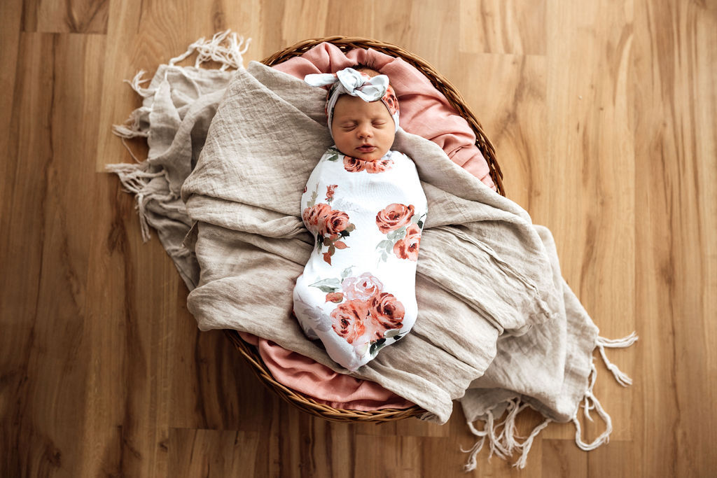 baby swaddle wrap and topknot set floral print