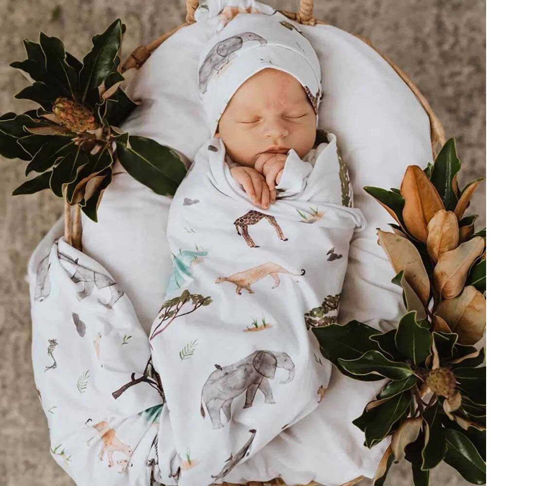 Baby swaddle wrap and beanie set Safari print