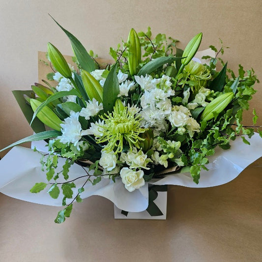 White and Green Neutral Boxed Flower Arrangement