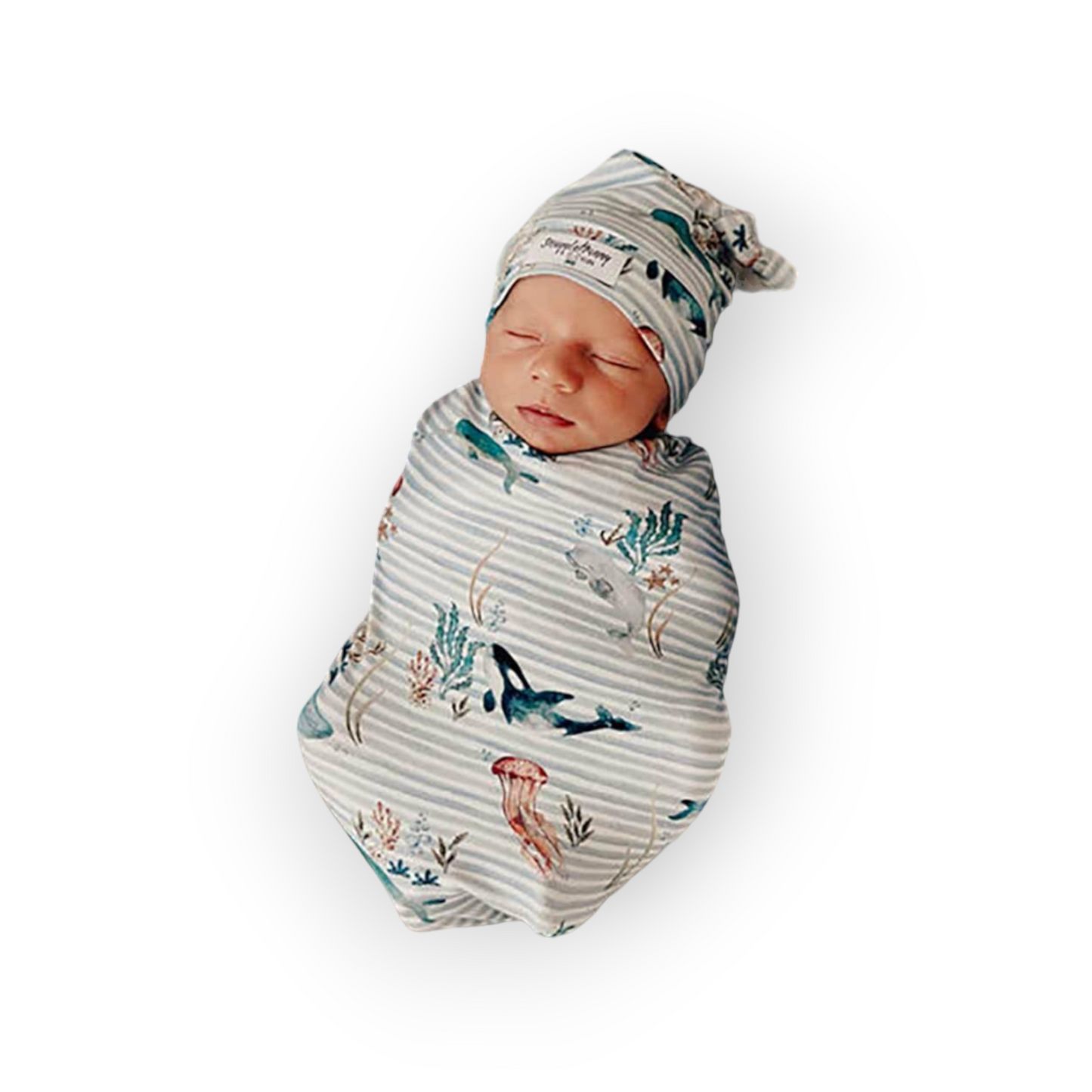 Baby Gift - Organic Snuggle Swaddle Wrap and Topknot or Beanie Set