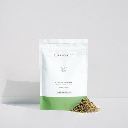 Butt Naked Hemp body scrub product packaging on a white background