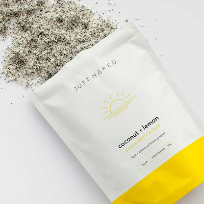 Butt Naked Coconut and Lemon body scrub on white background