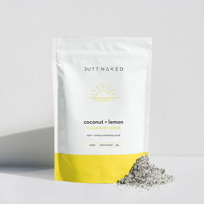 Butt Naked coconut lemon scrub packaging on a white background