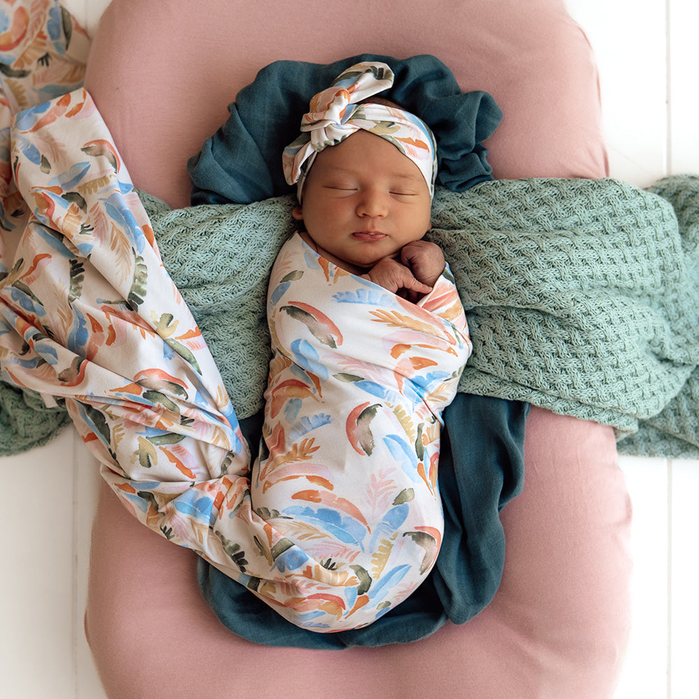 Baby Gift - Organic Snuggle Swaddle Wrap and Topknot or Beanie Set
