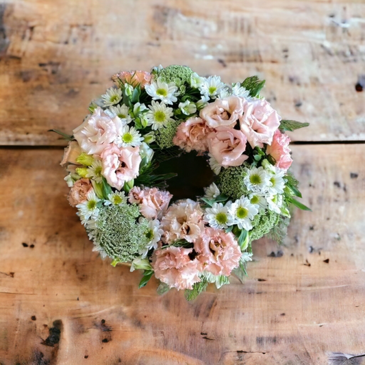 Funeral wreath, pink and white flowers