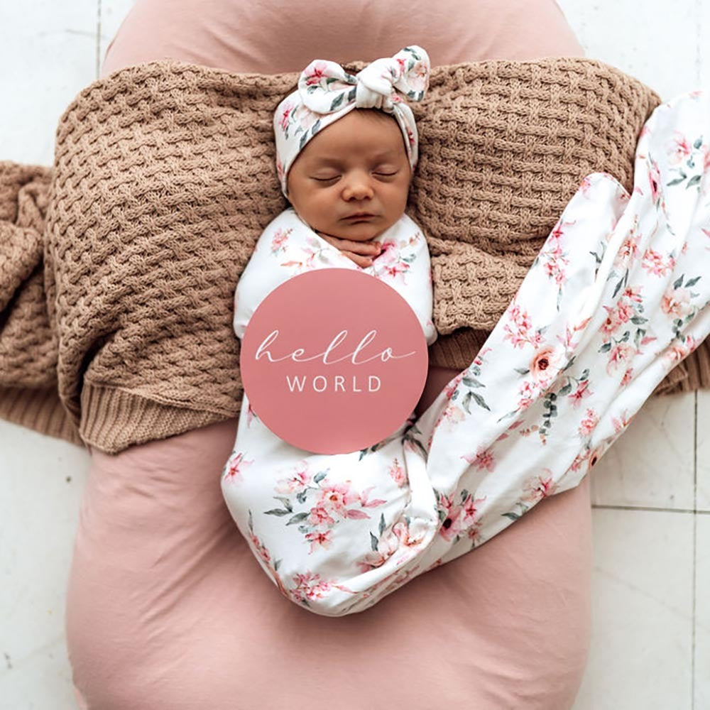 baby swaddle wrap and topknot set pink floral print